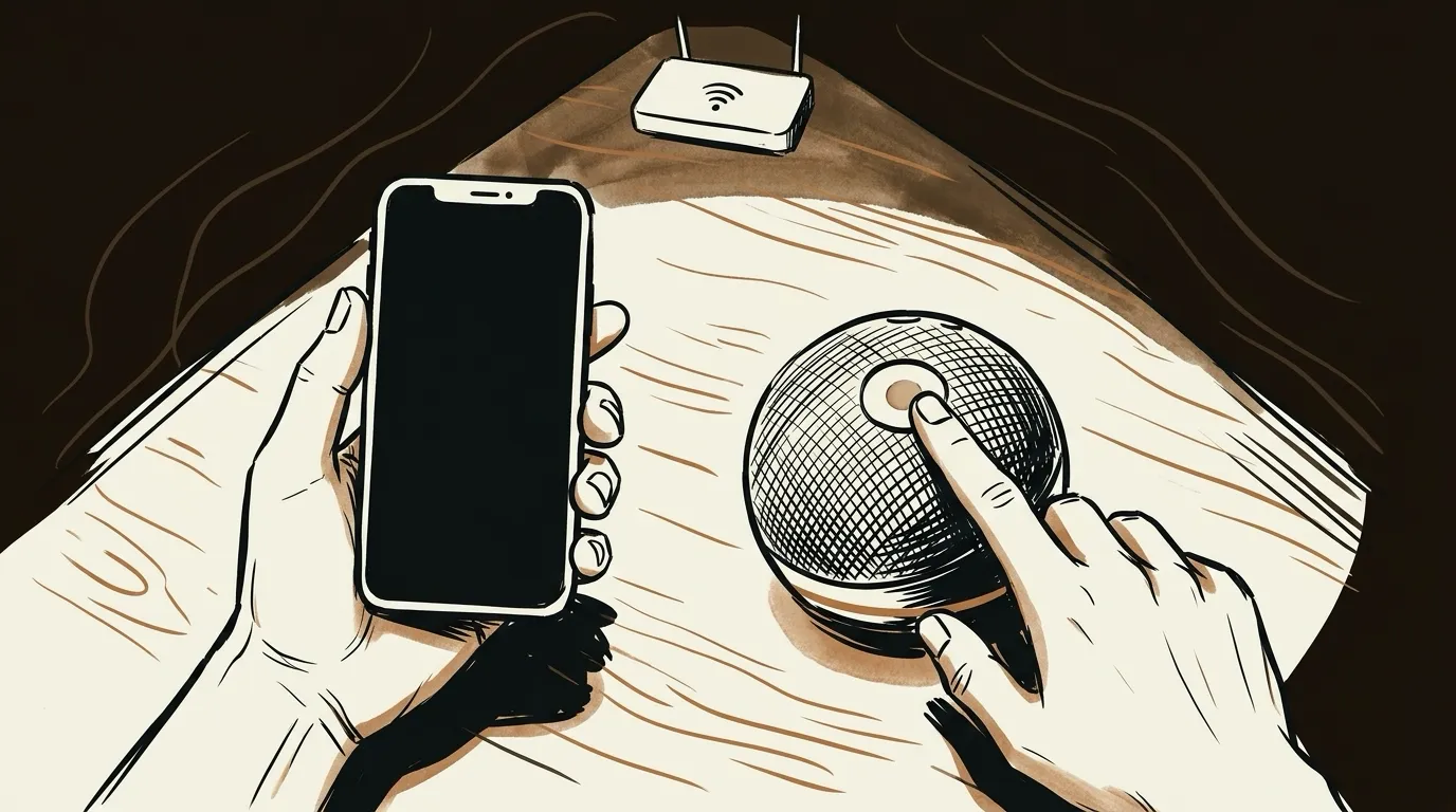 スマートフォンを手に球形スピーカーを設定する男性の手元