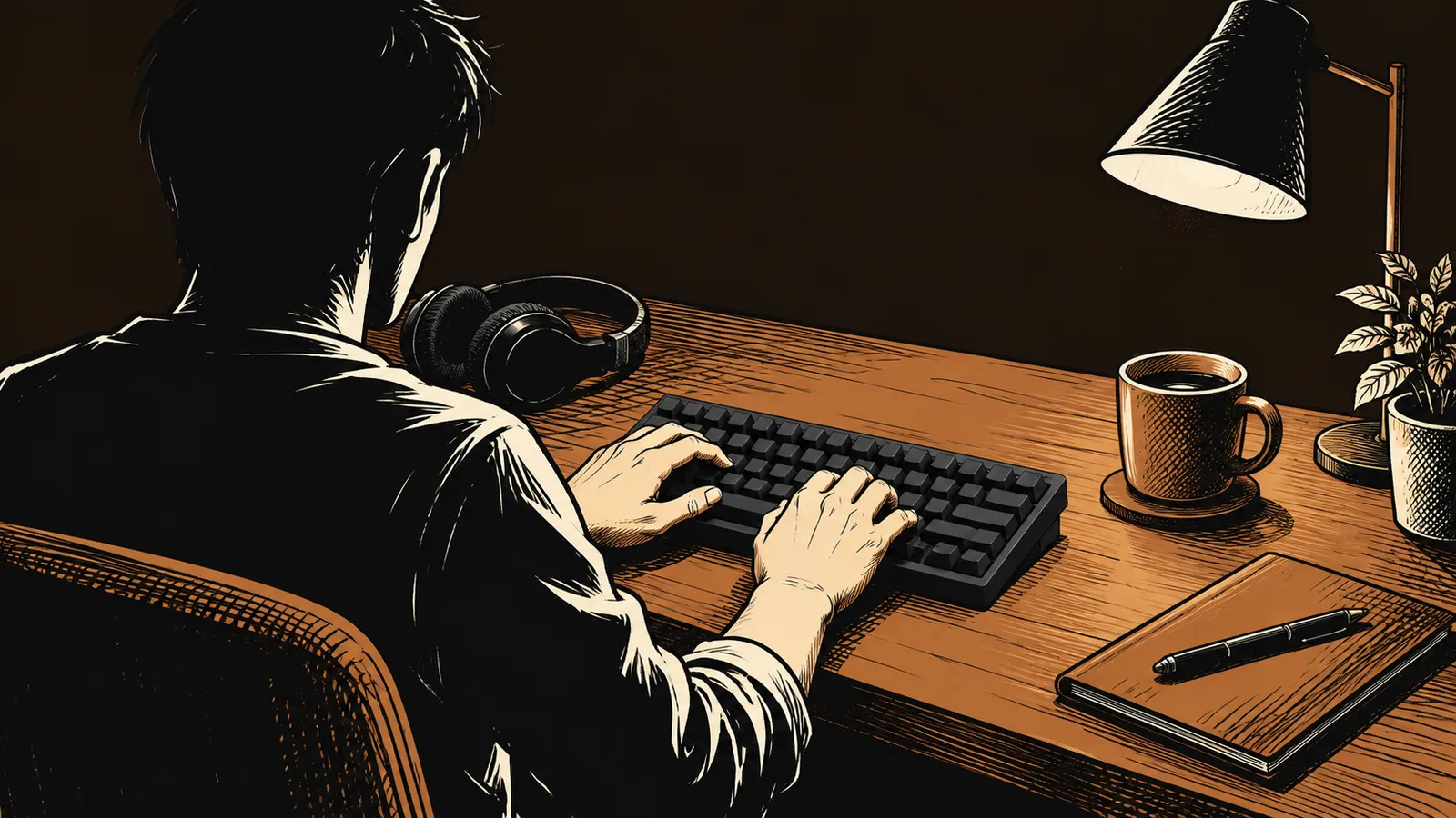夜のデスクでヘッドホンを外し無刻印キーボードを打つ男性