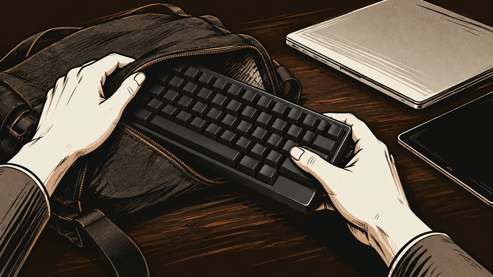 無刻印のコンパクトキーボードをバッグに収める手元