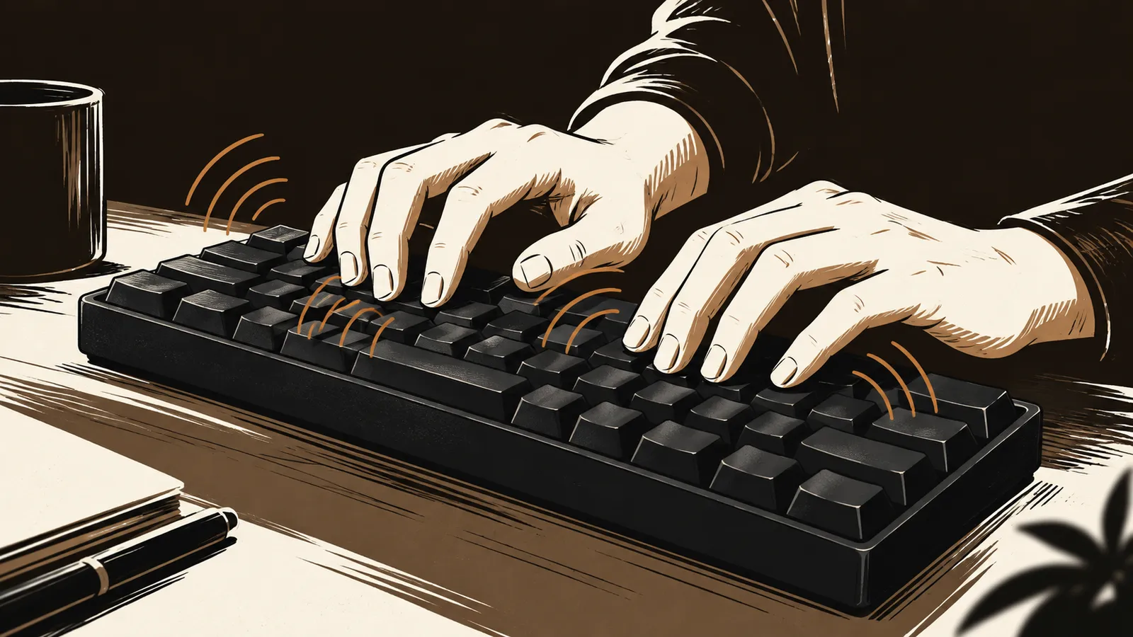 無刻印キーボードを打つ指先と広がる穏やかな打鍵音