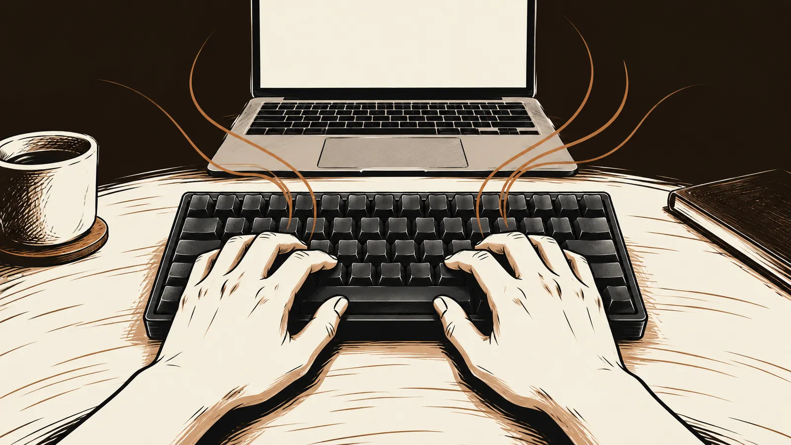 ノートパソコンの前で無刻印キーボードを操作する両手