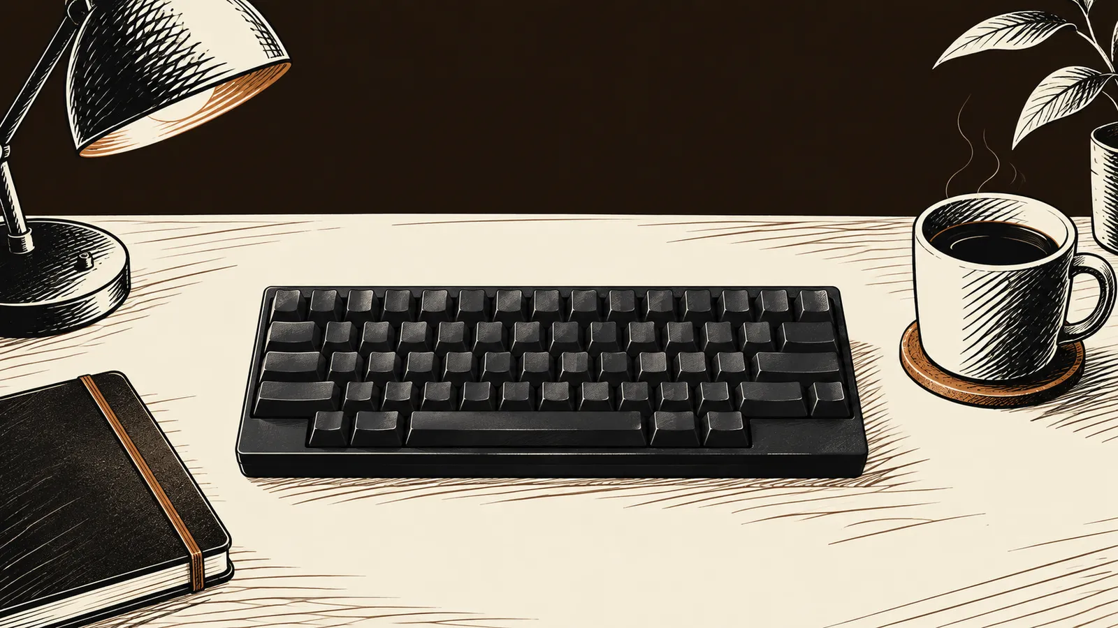 整理された机の中央に置かれた無刻印の黒いキーボード