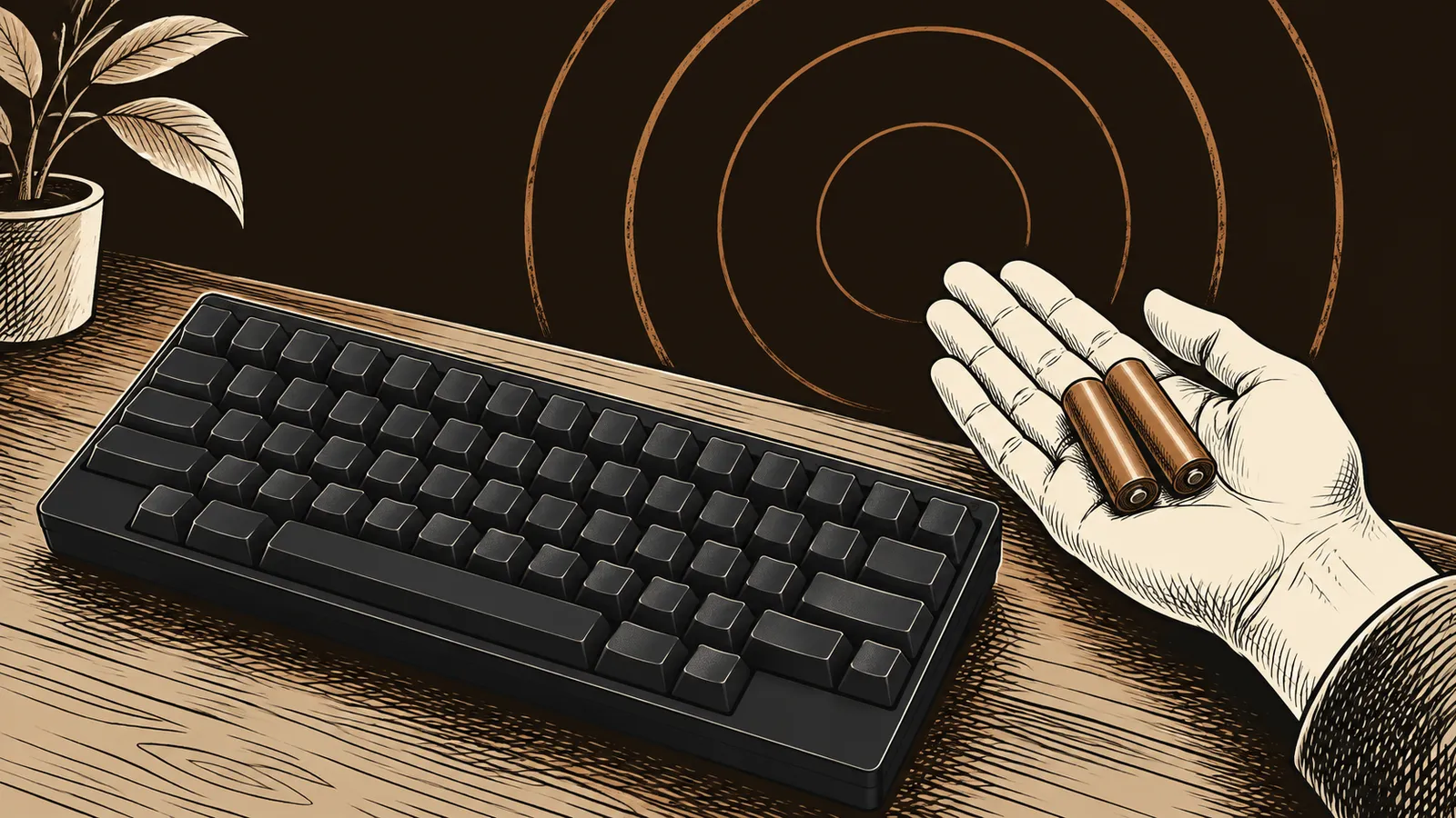 交換用の乾電池と使い込まれた無刻印キーボード