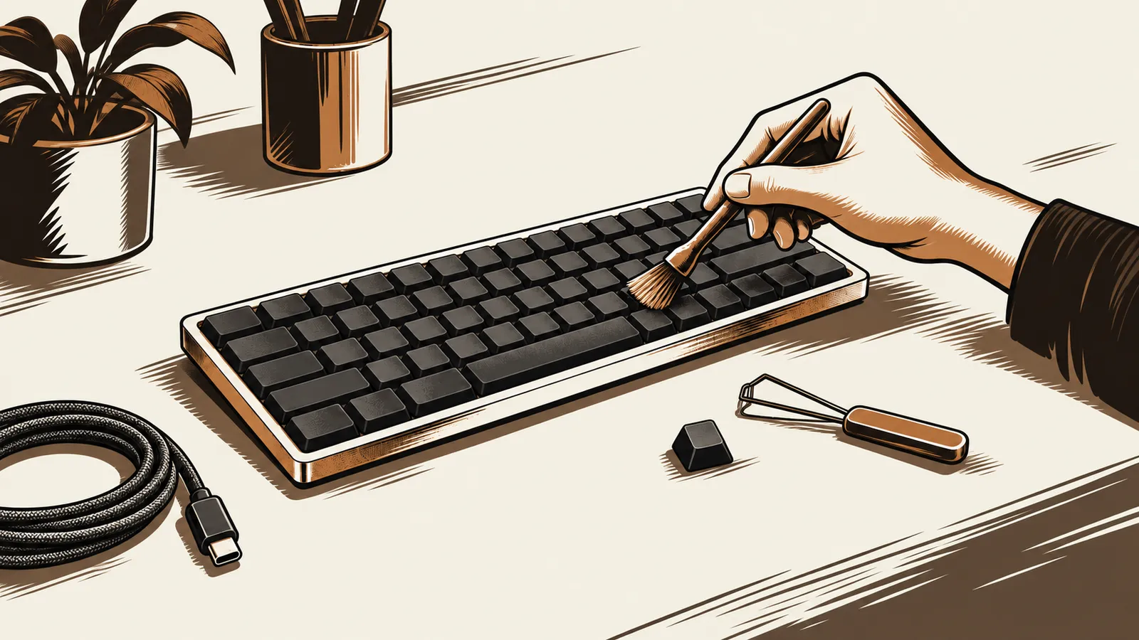 手入れ道具とともに置かれた長く使うキーボード