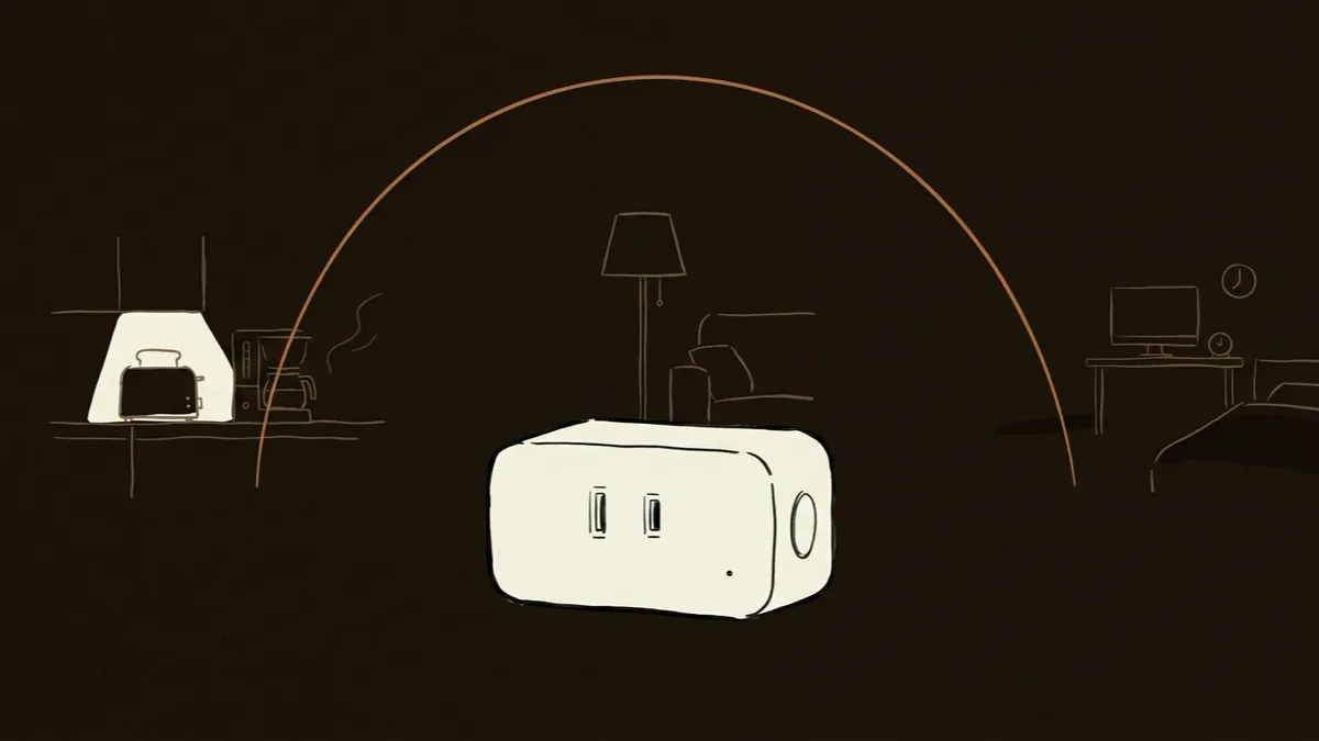 朝から夜まで家のさまざまな場所で使われる白いスマートプラグの抽象イラスト