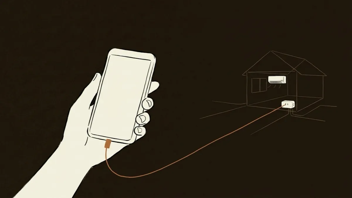 外出先のスマートフォンから自宅のエアコンへの給電を止める抽象イラスト