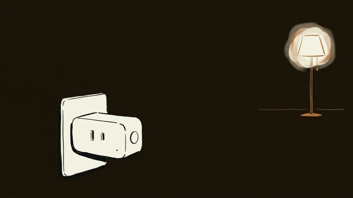 白い壁と間接照明のそばに馴染むスマートプラグの抽象イラスト